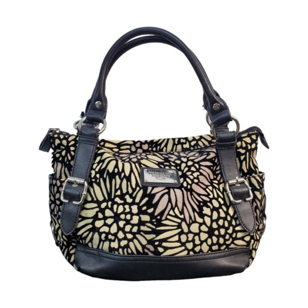 Relic Collection Hand Bag Black Yellow Tan Floral Flocked Canvas Zip‎ Closure
